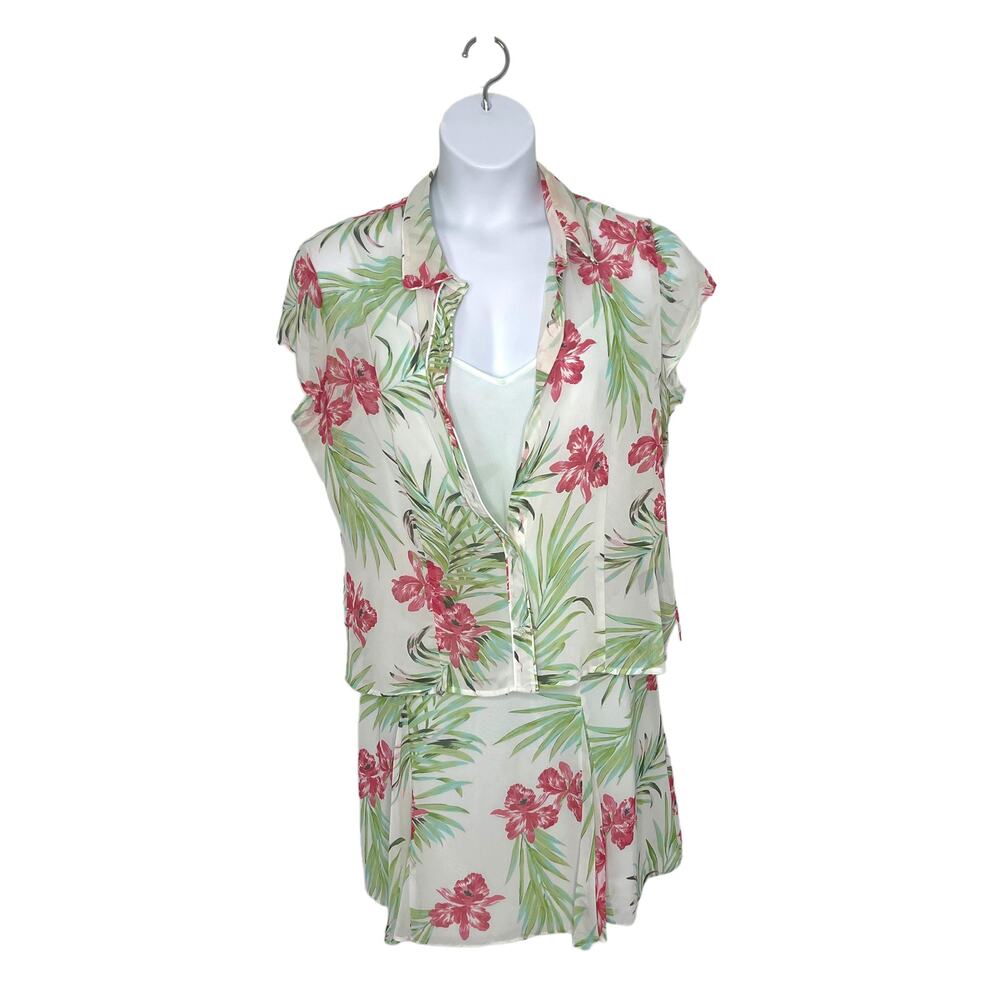 Jones Wear 3 Piece Tropical Set Skirt Shirt & Chamise Off White Green Pink 16